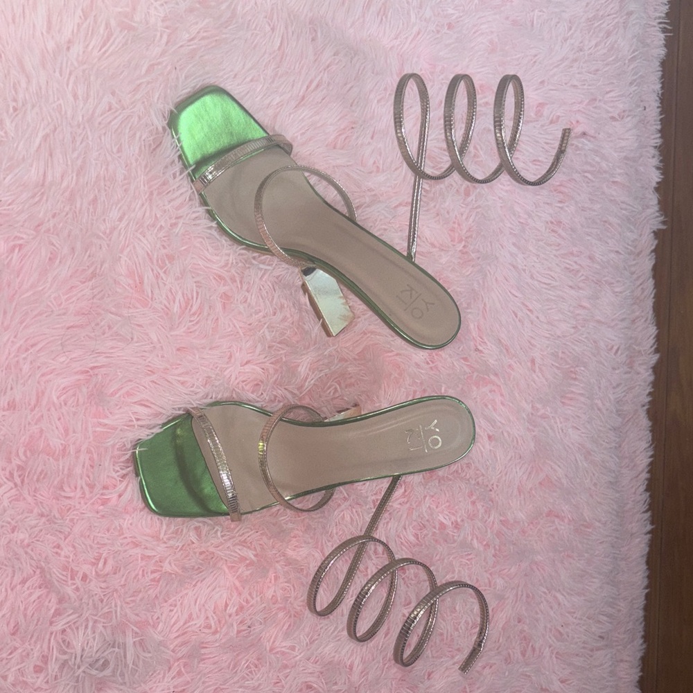 Yoki Green and Tan Spiral Strap Heels